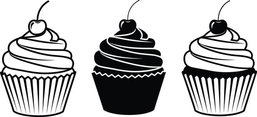 Stylized black and white vector illustration of three cupcakes with cherries, minimalist dessert design, striped wrappers, silhouette frosting, elegant bakery artwork