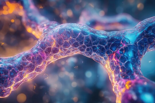 Vibrant, abstract microscopic network of interconnected cells, glowing blue, purple, orange. This fluid, organic structure suggests dynamic biological or neural pathways.