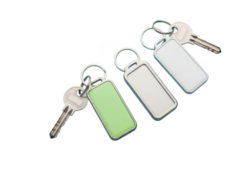 Three blank rectangular keychains with keys attached isolated on transparent background