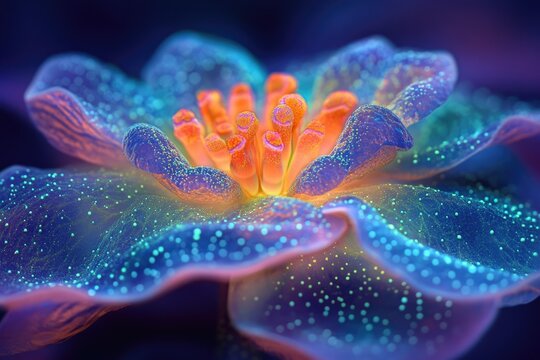 Vibrant bioluminescent coral or flower glows with ethereal blue, orange, and teal, detailed in an abstract macro shot.