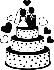 Stylized black and white vector illustration of three‑tier wedding cake with bride groom silhouette, polka dot tiers, hearts, elegant celebration artwork design