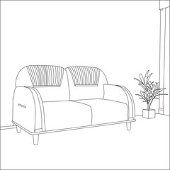 Minimal black and white line art of a modern sofa with indoor plant in a stylish living room.
Perfect for interior design illustrations, furniture decor concepts, home design projects, and coloring pa