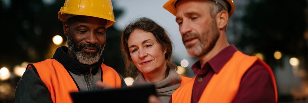 A diverse construction team collaborates on a project while reviewing plans at dusk, symbolizing teamwork and dedication as they work towards a shared goal.