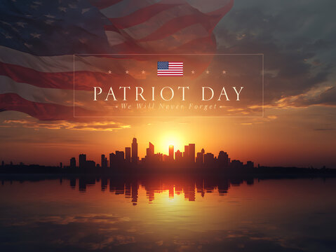 Remembering Patriot Day with a stunning American flag silhouette over a city skyline at sunset, evoking pride and solemn remembrance for a nation united in memory.