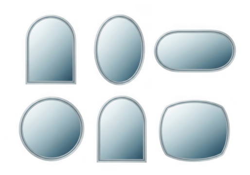 Collection of six ornate mirrors in various shapes isolated on transparent background