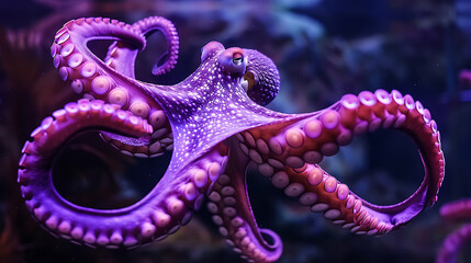 Vibrant purple octopus with detailed suckers swimming in dark blue water marine life underwater