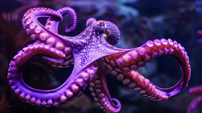 Vibrant purple octopus with detailed suckers swimming in dark blue water marine life underwater
