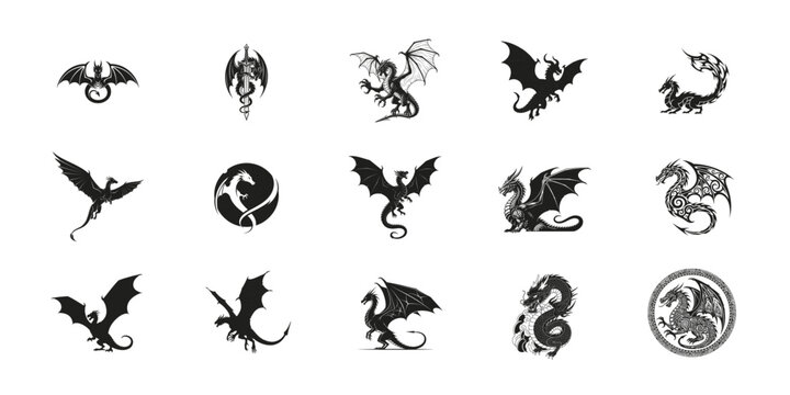 Collection of diverse silhouette dragon designs featuring mythical creatures in various poses and styles