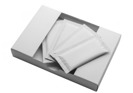 White rectangular gift box with several wrapped items inside isolated on transparent background