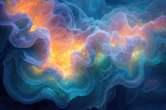 Vibrant abstract image featuring glowing orange and cool blue nebulae, textured with shimmering particles and flowing cosmic energy.