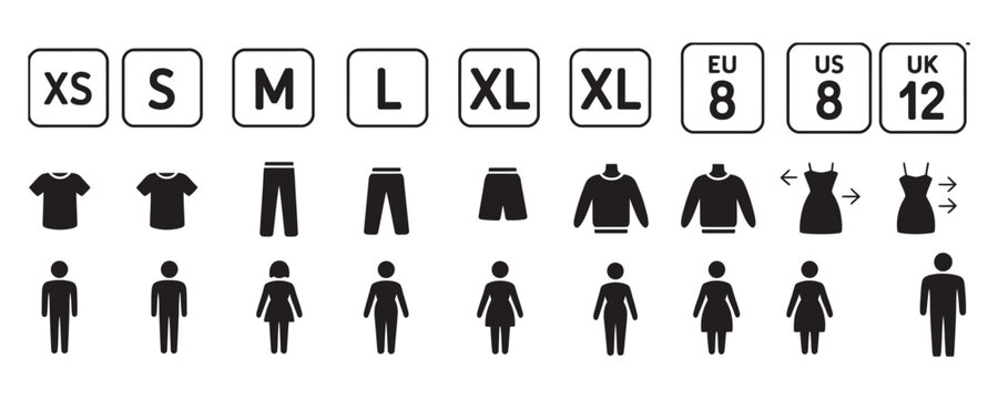 Effortlessly find your perfect fit with clear clothing size charts for men and women, featuring apparel icons and international sizing