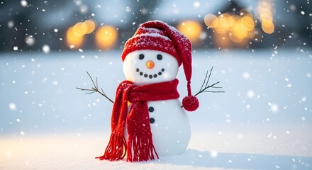 Festive Snowman Winter Scene with Cozy Lights and Holiday Charm