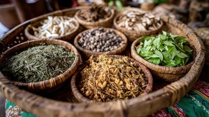 Assortment of dried herbs and spices in wooden bowls transparent background