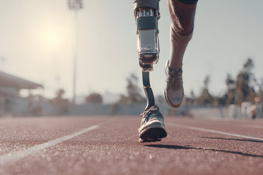 Running on the track, an athlete with a prosthetic leg trains under a bright sky during an athletic event