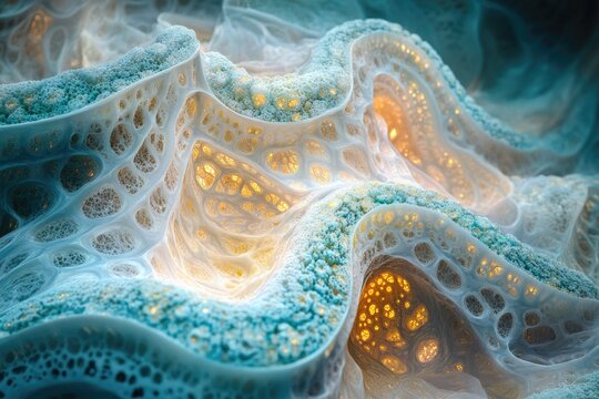Abstract organic structure with glowing golden cells beneath a textured blue-green surface, resembling microscopic life or intricate coral formations.