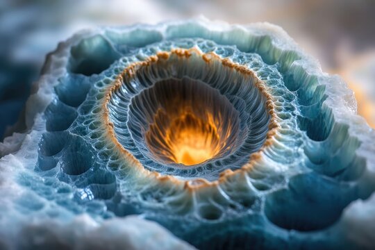 Intricate abstract formation with a luminous orange core, surrounded by organic blue and white textures, evoking a microscopic world or alien landscape.