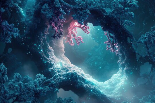 Enchanting bioluminescent forest with glowing teal organic structures and sparkling particles. Pink coral-like growths accent this ethereal, alien, mystical landscape. - Powered by Adobe