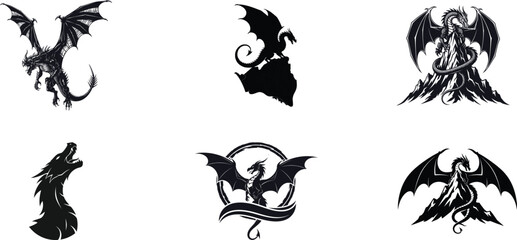 Collection of dark fantasy creatures including dragons and angels in silhouette and stylized illustrations