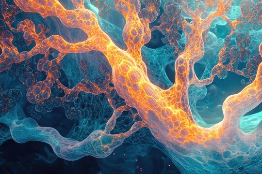 Abstract organic network with glowing orange energy flowing through intricate structures against a cool blue background, evoking biological complexity or digital systems.