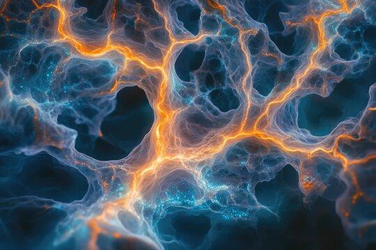 An intricate abstract network of glowing orange energy veins intertwines with ethereal blue particles within a translucent, organic matrix, evoking neural pathways or cosmic plasma. - Powered by Adobe