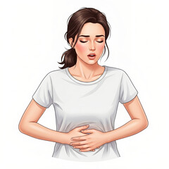 Woman experiencing discomfort holding her stomach on a white background, copy space
