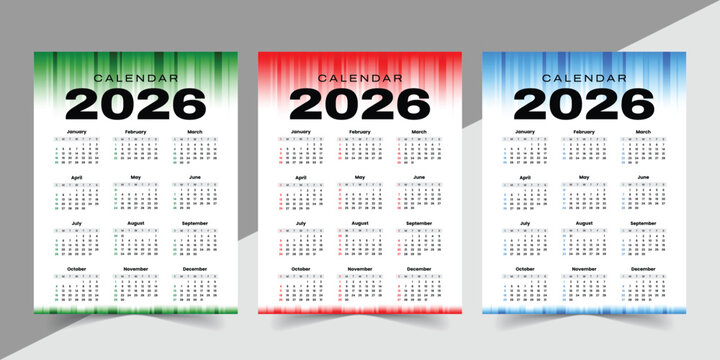Modern one page 2026 calendar set with bright gradient themes in red, blue, and green