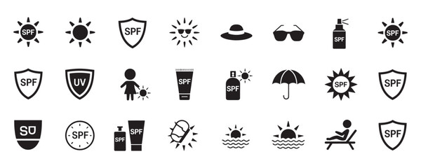 Sun protection icons for summer safety and skincare with SPF, sunglasses, sunhat, and more to protect skin from harmful rays