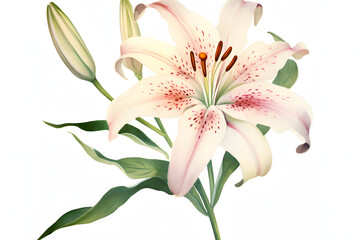 Fototapeta premium Delicate pink and white lily flower with green stems and bud