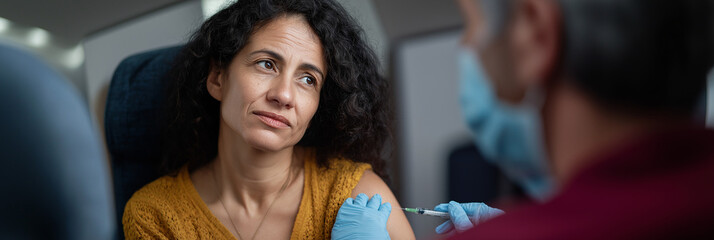 A woman receiving a vaccination in a calm and caring environment, emphasizing the importance of health, safety, and compassion in the healthcare experience.