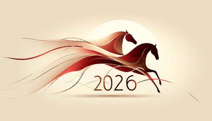 Two abstract horses made of flowing ribbons running together to celebrate the year 2026
