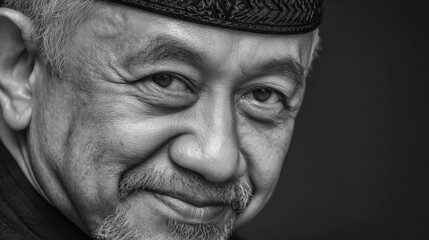 Smiling senior man portrait in black and white with a transparent background