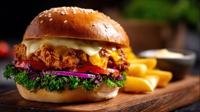 Delicious burger with french fries on wooden board isolated culinary theme