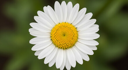Fototapeta premium A close up shot of a daisy with white petals and a yellow center against a blurred green background