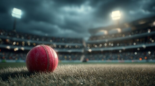 Glowing Red Cricket Ball on Grass at Twilight in Stadium Under Bright Spotlights