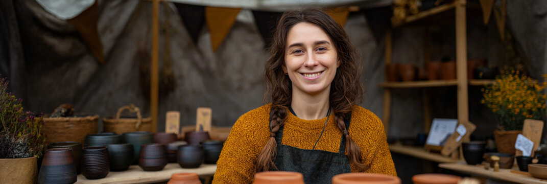 A friendly artisan showcases handmade pottery at a vibrant market stall, emphasizing craftsmanship and a connection to community through art, creativity, and tradition.