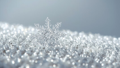Single beautiful snowflake crystal standing out on frosty ice crystals. Macro winter photography with sparkling frozen texture. Delicate seasonal cold background for Christmas and New Year themes.