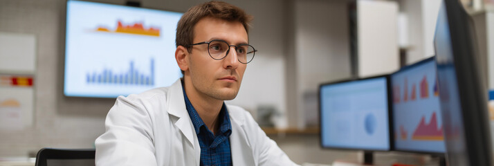 A focused individual, wearing glasses and a lab coat, intently analyzes data on multiple screens, exemplifying the importance of technology in scientific research and analysis.