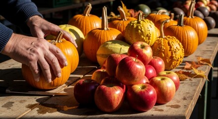Hands of a farmer arranging pumpkins and red apples on a rustic wooden table. Autumn harvest display at a local farmers market. Seasonal food concept