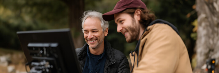 Two men are seen joyfully collaborating on a creative media project, reflecting teamwork, creativity, and the camaraderie involved in the artistic process.