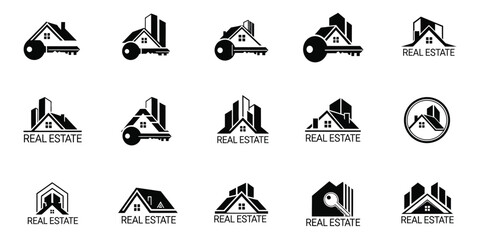 Collection of stylized real estate logos featuring houses buildings and keys symbolizing home ownership and property