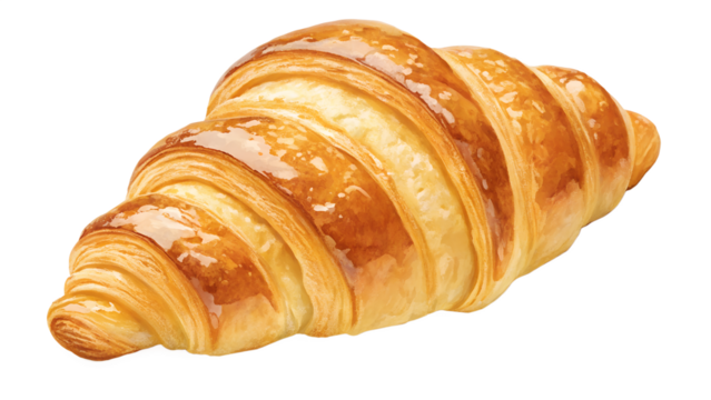 Golden butter croissant, isolated on transparent background, soft flaky detail and warm tone.