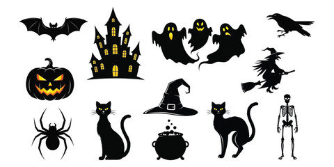 Collection of spooky halloween silhouettes including bats ghosts castle witch pumpkin black cats spider skeleton and raven