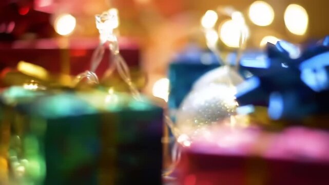 Festive gift boxes with bokeh effect and glowing string lights