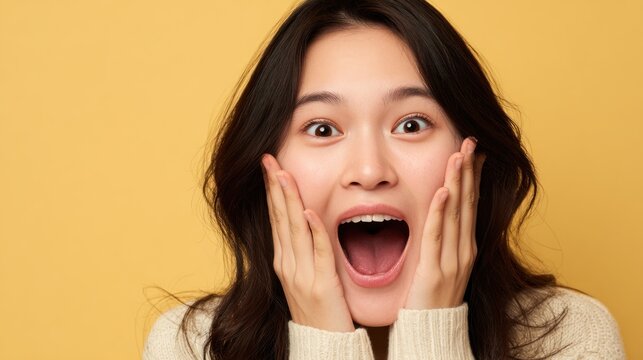 Surprised asian woman with open mouth on yellow background