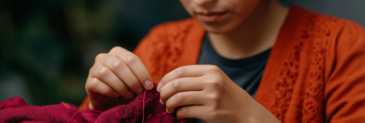 This image shows a close-up of a person's hands skillfully sewing fabric, illustrating the art of craftsmanship and the dedication involved in creating custom garments.