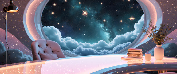 Dreamscape Interior: A fantastical interior design reveals a captivating portal offering a majestic view of the starry cosmos, merging luxury with serenity.