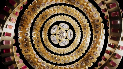 Luxurious concentric rings of gold with alternating red and clear gemstones form a tunnel-like pattern. Ornate and symmetrical design ideal for jewelry, fashion, or decorative digital art.