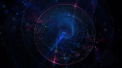 Abstract spiral vortex in space with glowing blue and purple rings, scattered light particles, and bokeh effects. A dynamic cosmic scene ideal for sci-fi, physics, or digital art themes.