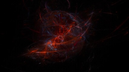 Fiery abstract nebula with swirling red, orange, and blue filaments on a black background. High-energy cosmic scene ideal for sci-fi, space art, or astrophysics-themed visuals.
