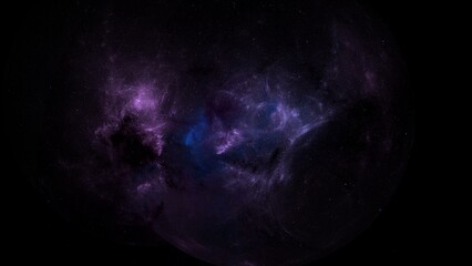 Captivating digital artwork of a deep space nebula featuring swirling clouds of gas and dust in rich shades of purple, blue, and black. The glowing formations suggest regions of active star birth